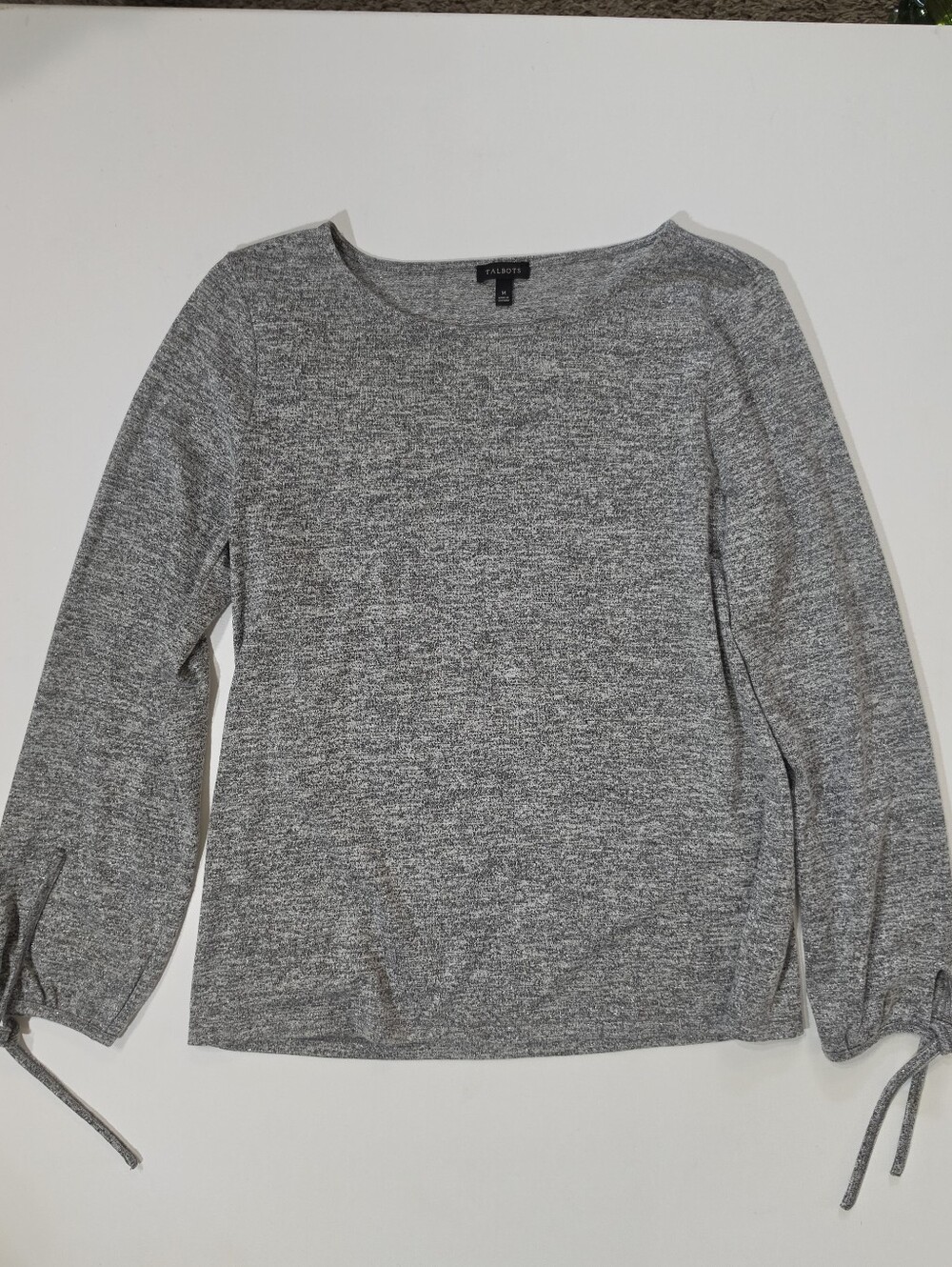 Talbots Top Womens Medium Grey Metallic Shimmer Tie Cuff Casual Streetwear